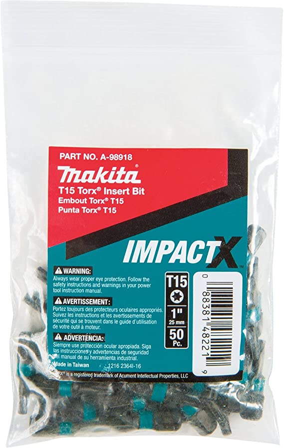 Makita A-98918 Impactx T15 Torx 1″ Insert Bit, 50 Pack, Bulk