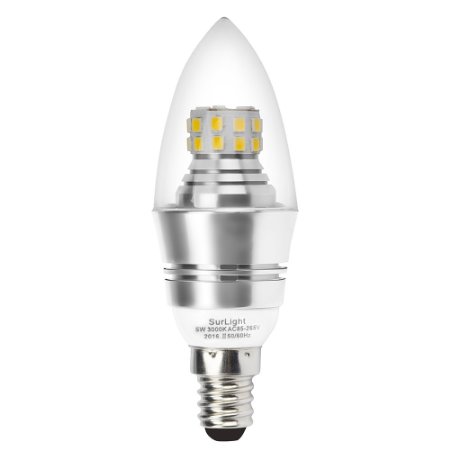 Candelabra LED Bulb, SurLight 5W LED Candle Bulbs 60W Incandescent Bulbs Equivalent, Warm White 3000K, E12 Candelabra Base, 350 Lumens, 360° Beam Angle, Torpedo Shape, Non-dimmable, Silver(Pack of 1)