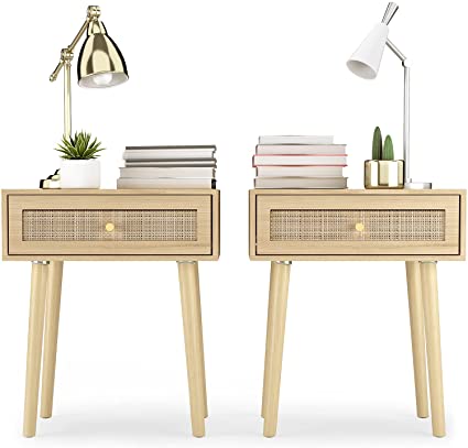 Vremi Nightstand Side Table – Natural Handmade Rattan Design Night Stands for Bedroom with Single Hand Drawer, Gold Metal Handle, Solid Wood Legs and Anti-Slip Pads – 2 Pack