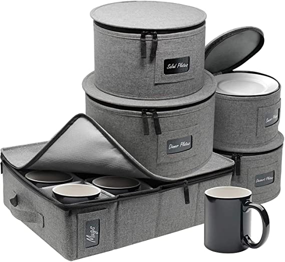 Sorbus China Dinnerware Storage Organizer Hard Shell 5-Piece Set for Protecting or Transporting — Service for 12 — Round Plate and Cup holder with Quilted Felt Protection for Plate Dividers (Gray)