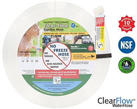Clear Flow® Water Garden Hose (100 ft) the Flex Stretch, Expanding Hoses - RV Safe and No Rubber or PVC! 5/8"