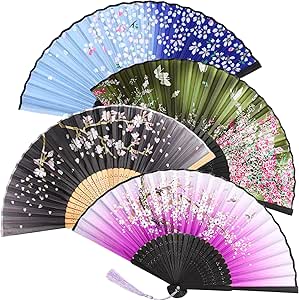 Zonon 4 Pack Handheld Floral Folding Fans Hand Held Fans Silk Bamboo Fans with Tassel Women Hollowed Hand Foldable Fan with Fabric Sleeve for Dancing Wedding Decoration Gifts (Elegant)