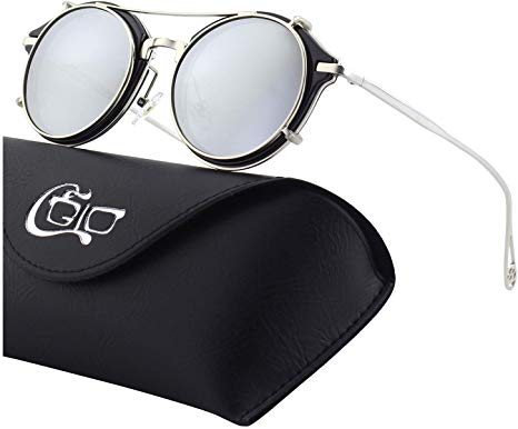 CGID E76 Clip on Sunglasses Polarized Steampunk Retro UV400 Round Men and women