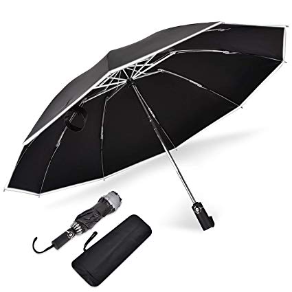 OTraki Folding UV Umbrella Automatic Open Close Travel Sun Umbrella with Edge Reflective Strip Windproof Rainproof with Black Anti-UV Coating for Men Women