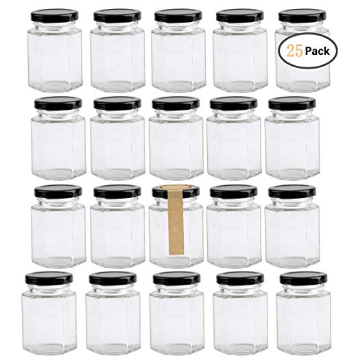 Clear Hexagon Jars 4oz With Lids Black,Glass Jars For Spice,Foods,Jams,Liquid,Mason Jars For Storage 25 Pack