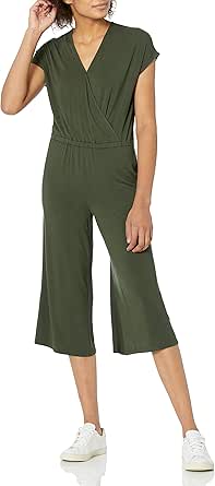 Amazon Essentials Women's Short-Sleeve Surplice Cropped Wide-Leg Jumpsuit