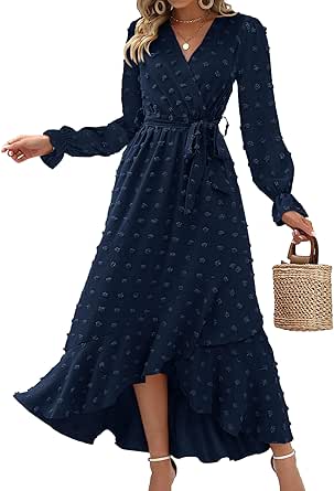 BTFBM Women's Boho Cocktail Maxi Dress 2024 Fall Fashion V Neck Swiss Dot Long Sleeve Flowy Slit Wedding Party Dresses