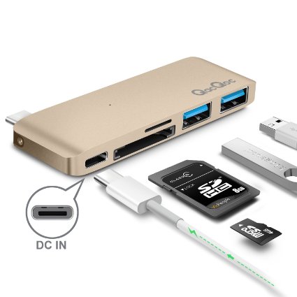 QacQoc Premium Type-C Hub with Power Delivery 2 superspeed USB 30 ports 1 SD memory port 1 microSD memory port card reader for MacBook 12-Inch Aluminum Alloy Build Gold