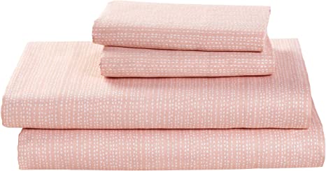 Amazon Brand – Rivet Half Moon Sateen 100% Cotton Bed Sheet Set, Queen, Peach-Pink/White