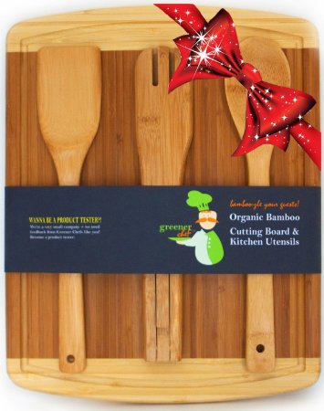 #1 Perfect Wedding, Housewarming, or Birthday Gift Set - Bamboo Cutting Board with Best 3-Piece Kitchen and Cooking Wood Utensils - Wooden Spoon, Salad Tongs & Spatula - No Risk Money Back Guarantee!