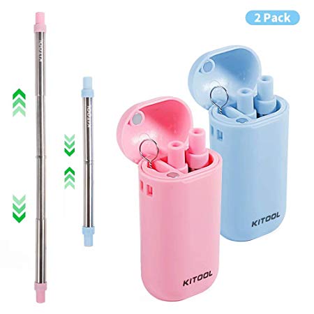 Upgraded Eco Friendly Reusable Collapsible Straws, KITOOL 2 Pack Telescopic Stainless Steel Straw Portable Set - Blue&Hot Pink