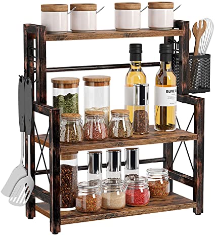 Rolanstar Spice Rack Organizer, 3 Tier Kitchen Bathroom Countertop Storage Shelf with a Wire Basket and 2 S-Hooks, Standing Wood Rack Storage for Spices, Cutlery or Bathroom Accessories, Rustic Brown