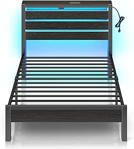 Rolanstar Bed Frame Twin Size with USB Charging Station, LED Bed Frame with Wood Storage Headboard, Black Metal Platform Bed with Under Bed Storage, No Box Spring Needed, Noise Free