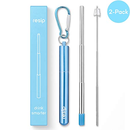 Portable Reusable Drinking Straws – Collapsible & Foldable – Telescopic Stainless Steel Metal Straw – Aluminum Case, Last Long Cleaning Brush & Final Travel – Made in USA – Light Blue – 2-Pack