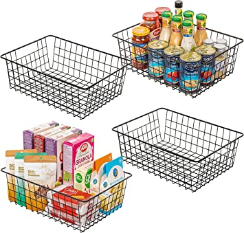 Vtopmart Wire Storage Baskets for Organizing, 4 Pack Metal Wire Freezer Organizer Bins with Handles, X Large Pantry Baskets for Kitchen Cabinets, Bathroom, Laundry, Garage, Black