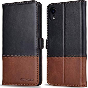 KEZiHOME iPhone XR Wallet Case, Genuine Leather Color Matching Wallet with Kickstand and Card Slot Magnetic Clasp Flip Case for iPhone XR (Black)