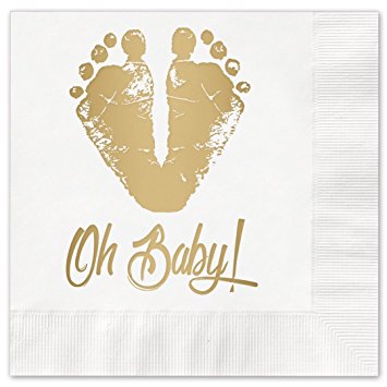 Oh Baby feet Beverage Cocktail Napkins - Set of 25 white paper napkins with gold foil baby feet
