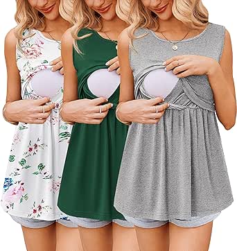 Ekouaer Women's Maternity Nursing Tank Tops Sleeveless Scoop Neck Breastfeeding Shirt 3 Pack Double Layer Pregnancy Clothes