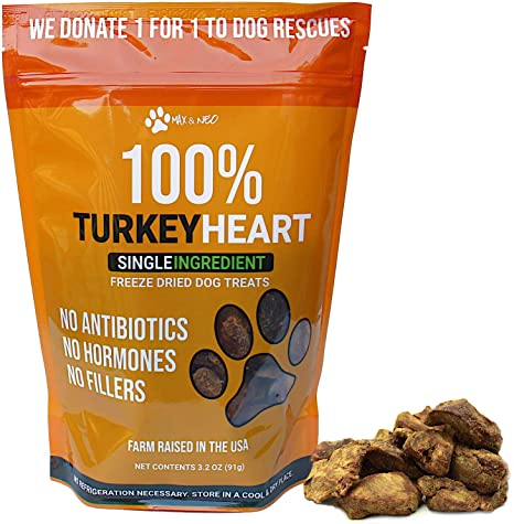 Max and Neo Freeze Dried Turkey Heart Dog Treats - Single Ingredient, Small Farm, Antibiotic Free, Human Grade Turkey Grown in The USA - We Donate 1 for 1 to Dog Rescues for Every Product Sold