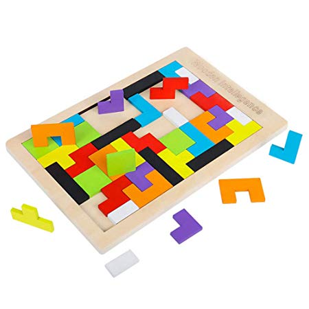 J.K-Toys Wooden Tetris Puzzle Brain Teasers Toy Tangram Jigsaw for Kids- Best Gifts