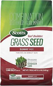 Scotts Turf Builder Grass Seed Sunny Mix with Fertilizer and Soil Improver, Thrives in Direct Sun, 2.4 lbs.