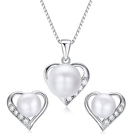 Heart Shaped Flawless Pearl Post Stud Earrings & Silver Chain Pendant Set| Impeccable Quality Natural, Flawless Freshwater Pearl & 925 Sterling Silver| The Best Jewelry Set Gift (1 | White Pearls)