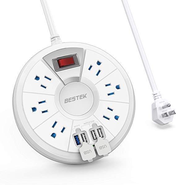 BESTEK Quick Charge 3.0 Power Strip with USB, Round 6-Outlet 4 USB Ports Desktop Charging Station, 6 Ft Long Extension Power Cords, 220 Joules, Ultra-Compact for Dorm Room, Bedside, Cruise Ship