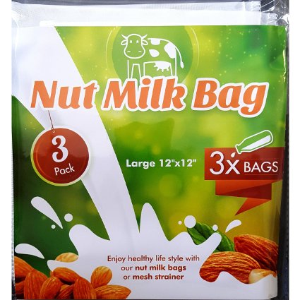 3-Pack Nut Milk Bag [Large 12"x 12"] All Purpose Commercial Grade Strainer - Fine Mesh Nylon Cheesecloth - Organic Cotton Bags for Almond Milk Juice - Best Milk Maker Reusable & Durable (3 Packs)