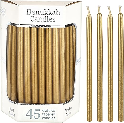 Dripless Hanukkah Candles 5.75" Tall Metallic Gold Candle Set of 45 Enough for 8 Nights Fits Standard Menorah Decorative Candles for Parties, Birthday, Weddings, Holiday Decorations by Aviv Judaica