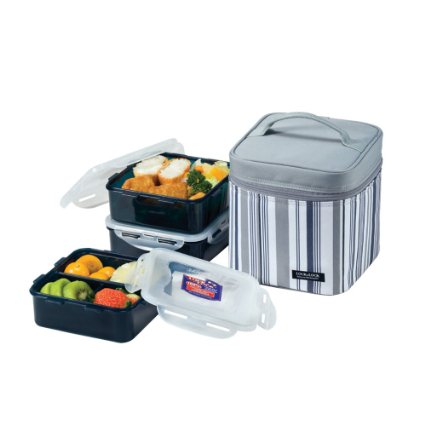 Lock and Lock Square Lunch Box 3-Piece Set with Insulated Stripe Bag Gray