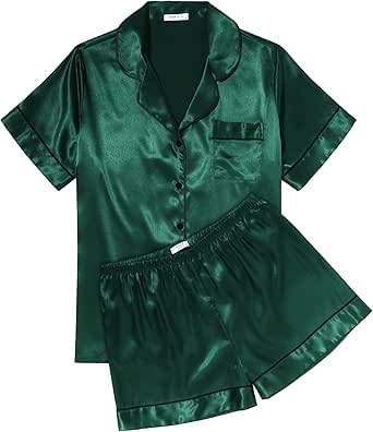 Ekouaer Womens Silk Satin Pajama Sets Soft Short Sleeve Button Down Sleepwear Top and Shorts 2 Piece Pjs Lounge Set S-XXL