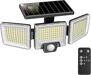 MustWin Solar Motion Sensor Lights Outdoor, IP65 Waterproof Flood Lights with Remote Control, 3 Heads 270° Super Bright 216 LED Security Lights Exterior Lights for Backyard Garage Porch