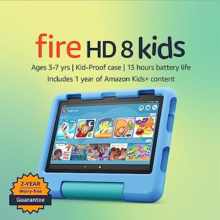 Amazon Fire HD 8 Kids tablet, 8" HD display, ages 3-7, includes 2-year worry-free guarantee, Kid-Proof Case, 32 GB, Blue, (Latest Release)