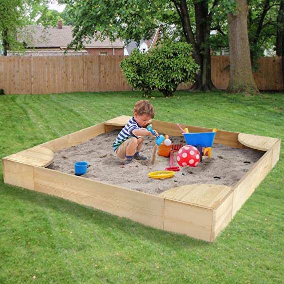 KingSo Sandbox for Kids Cedar Wooden Sand Box for Outdoors, Sandboxes with 4 Rounded Seats for Backyard Lawn Garden(58.2x58.2x7.9)