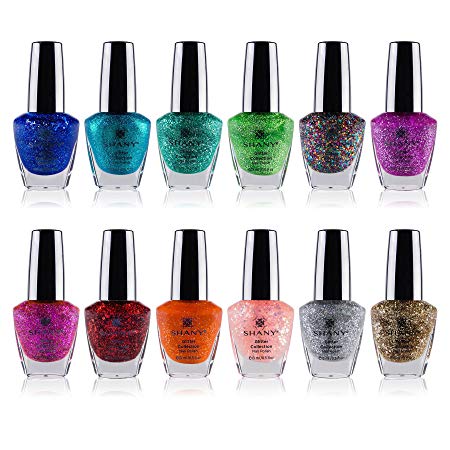 SHANY Nail Polish Set - 12 Twinkling Shades with Gorgeous Semi Glossy and Shimmery Finishes - Glitter Collection