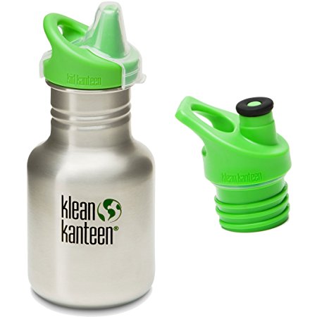 Klean Kanteen 12 oz Stainless Steel Water Bottle with 2 Caps (Kid Kanteen Sippy Cap and Sports Cap 3.0 in Bright Green) - All Colors (Brushed Stainless)