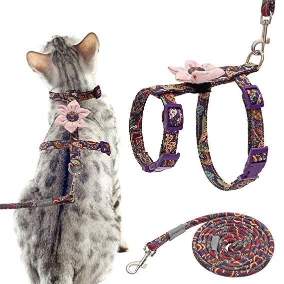 EXPAWLORER Cat Escape Proof Harness with Leash Set - with Detachable Pink Flower Paisley Pattern H Style Harness for Walking Purple