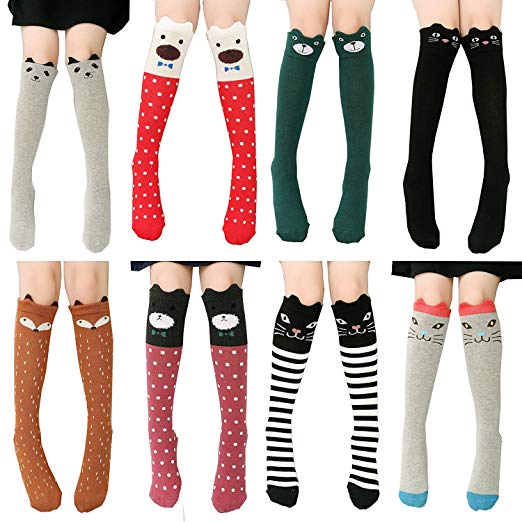 Girls Socks Long Knee Socks 8 Pairs Cotton Over Calf Knee High Socks Animal Socks