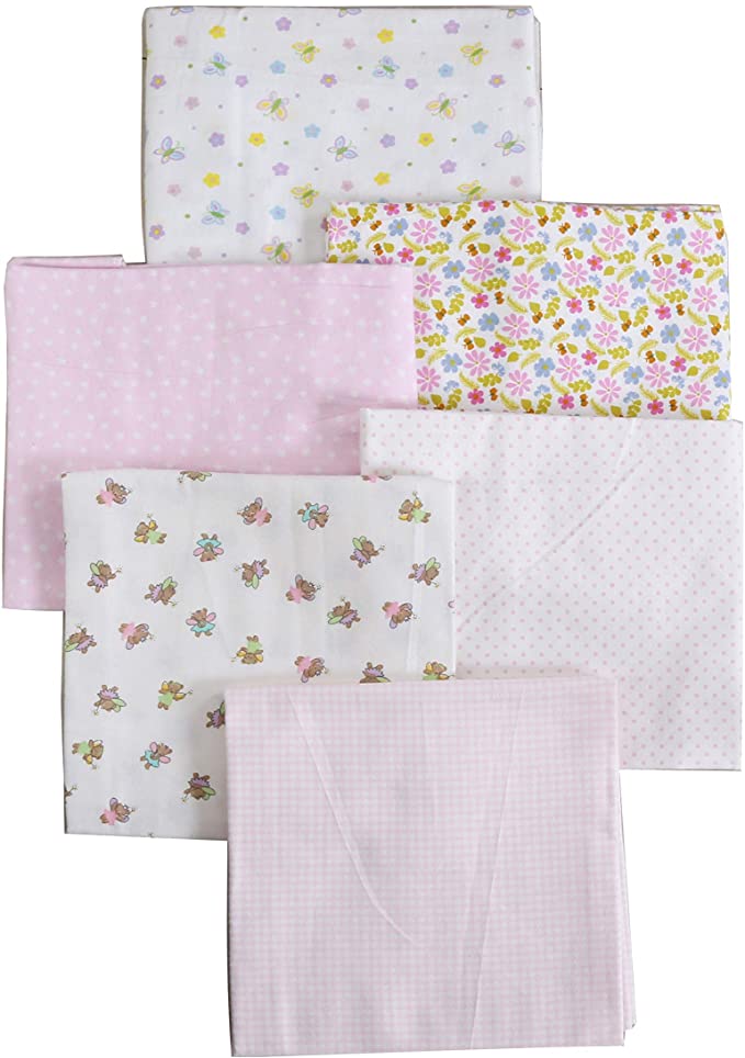Danica Baby Girl Cotton Flannel Receiving Blankets, 6-Pack 30'' x 38'' (White006, Pink Star Flower Butterflies Polka Dot Angel Bear)