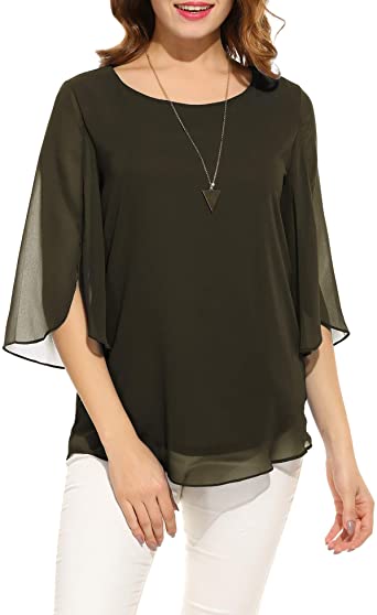 ACEVOG Womens Casual Scoop Neck Loose Top 3/4 Sleeve Chiffon Blouse Shirt Tops