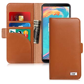 FYY [Genuine Leather] Wallet Case for OnePlus 5T 2017, Handmade Flip Folio Wallet Case with Kickstand Card Slots Magnetic Closure for OnePlus 5T 2017 Brown