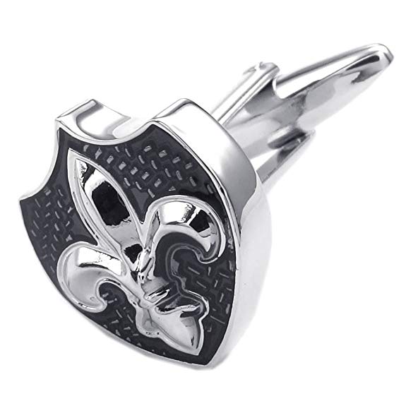 KONOV 2pcs Rhodium Plated Men's Fleur De Lis Shield Shirts Cufflinks, Wedding, Black Silver, 1 Pair