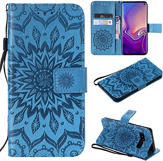 SMYTU Galalxy S10 Wallet Case, Premium Emboss Sunflower Flip Wallet Shell PU Leather Magnetic Cover Skin with Wrist Strap Case for Samsung Galaxy S10 6.1"(S-Blue)