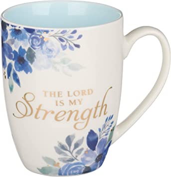 Christian Art Gifts Motivational Ceramic Coffee and Tea Mug for Women: The Lord is My Strength - Psalm 28:7 Bible Verse Novelty Inspiring Hot and Cold Beverage, Pastel Blue and White Floral, 12 oz.