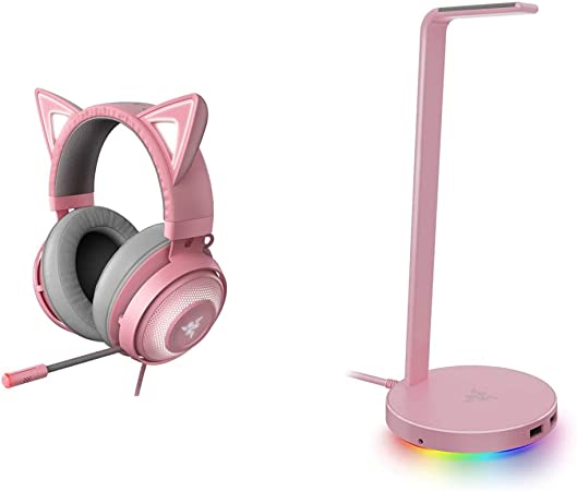 Razer Kraken Kitty RGB USB Gaming Headset: THX 7.1 Spatial Surround Sound - Chroma RGB Lighting - Retractable Active Noise Cancelling Mic - Quartz Pink & Base Station V2 Chroma - Quartz Pink