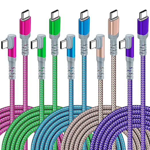 60W USB C to USB C Cable【5Pack 10ft】, Canjoy Type C Cable 90° Right Angle PD Charger Fast Charging Cable Nylon Braided Cord Compatible with Samsung Galaxy S22/S21/S20, MacBook Pro, iPad Air/Pro