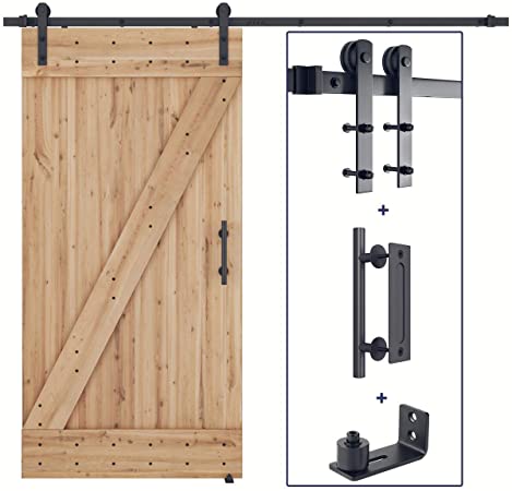 8 FT Heavy Duty Sturdy Sliding Barn Door Hardware Whole Kit   Barn Door Bottom Adjustable Floor Guide Roller   12" Pull and Flush Barn Door Handle Set