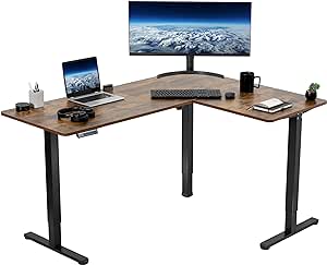 VIVO Electric Height Adjustable 63 x 47 inch Corner Stand Up Desk, Rustic Vintage Brown Table Top, Black Frame, L-Shaped Standing Workstation, 3CT Series, DESK-E3CTN-47