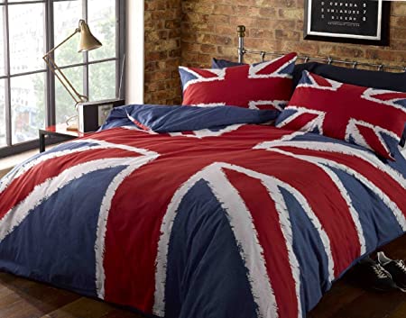 Rock N Roll Funky Union Jack British Uk Blue Red White King Size Duvet Cover Bedding Bed Set, Blue