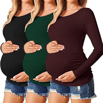 Ekouaer Womens Maternity Shirts Long Sleeve 3 Packs Pregnancy Tee Top Tunic Blouse Casual Mama Clothes S-XXL